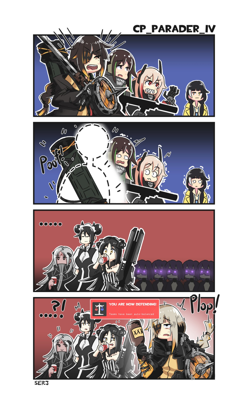 !? ... ...! ...? 6+girls absurdres agent_(girls_frontline) black_hair blonde_hair brown_hair dreamer_(girls_frontline) elisa_(girls_frontline) eyepatch gameplay_mechanics girls_frontline glowing glowing_eyes grey_hair highlights highres long_hair m16a1_(girls_frontline) m4_sopmod_ii_(girls_frontline) m4a1_(girls_frontline) medium_hair multicolored_hair multiple_girls parody ro635_(girls_frontline) sangvis_ferri serjatronic team_fortress_2 very_long_hair