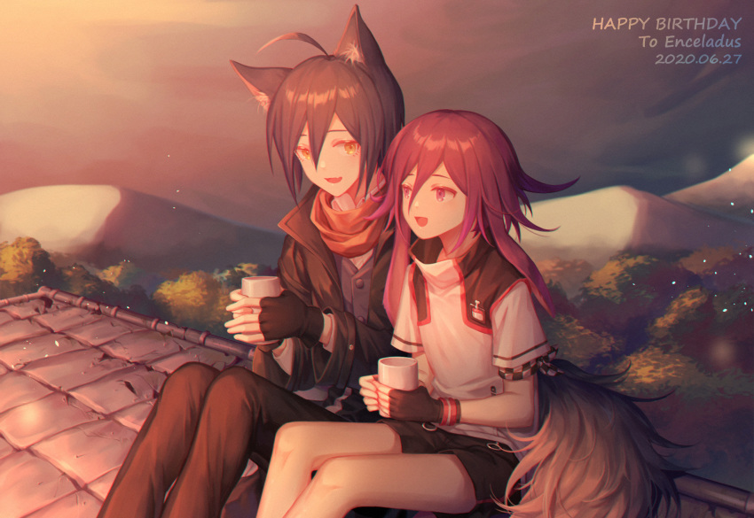 2boys :d ahoge alternate_costume animal_ears black_gloves black_hair black_jacket black_shirt black_shorts brown_eyes brown_pants checkered commentary_request cup danganronpa dated ewa_(seraphhuiyu) fingerless_gloves gloves happy_birthday highres holding holding_cup jacket long_hair looking_at_another mountainous_horizon multiple_boys new_danganronpa_v3 open_mouth orange_scarf ouma_kokichi outdoors pants purple_hair saihara_shuuichi scarf shirt short_hair short_sleeves shorts sitting smile sunset tail tree vest white_shirt wolf_boy wolf_ears wolf_tail