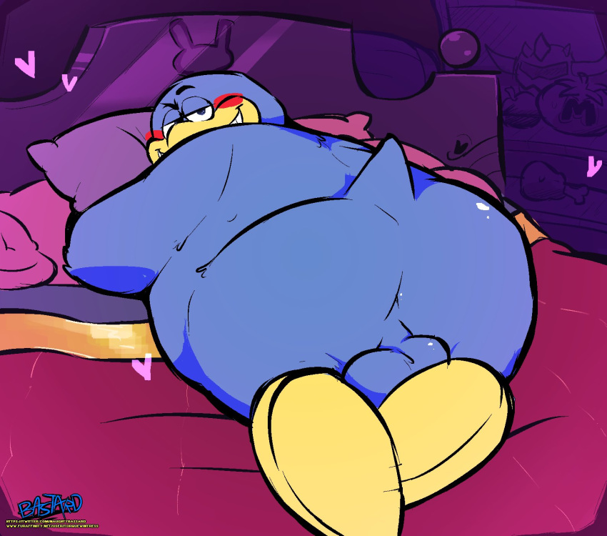 &lt;3 anthro anus avian balls bed bedroom_eyes bird butt chubby_male flippers furniture genitals hi_res king_dedede kirby_(series) looking_at_viewer looking_back lying male narrowed_eyes nintendo on_front penguin perineum rear_view seductive slightly_chubby solo stubby_tail torquewintress video_games