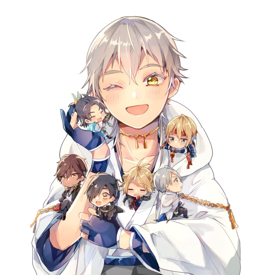 6+boys :d ;d =_= aqua_eyes armor black_gloves black_hair blonde_hair blue_eyes blue_hair brown_hair chibi chiro_(chi-bu-ko) eyepatch feathers gloves hair_feathers headband highres hood japanese_armor japanese_clothes kiwame_(touken_ranbu) male_focus miniboy multiple_boys nansen_ichimonji one_eye_closed ookurikara open_mouth partly_fingerless_gloves shokudaikiri_mitsutada shoulder_armor smile sode taikogane_sadamune touken_ranbu tsurumaru_kuninaga white_hair yamanbagiri_chougi yamanbagiri_kunihiro yellow_eyes