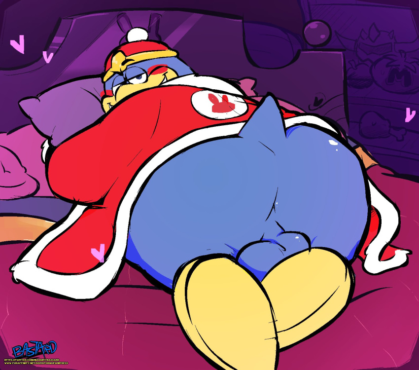 &lt;3 anthro anus avian backsack balls bed bedroom bedroom_eyes big_butt bird blush butt chubby_male clothing flippers furniture genitals hat headgear headwear hi_res king_dedede kirby_(series) lying male narrowed_eyes nintendo on_bed on_front penguin perineum presenting presenting_hindquarters robe seductive slightly_chubby solo stubby_tail torquewintress video_games