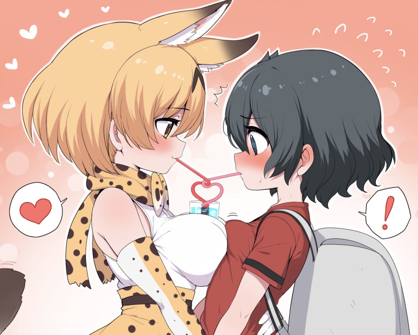 ! 2girls @_@ animal_ears backpack bag bare_shoulders black_hair blonde_hair blush bow bowtie commentary_request crazy_straw cup drinking_glass drinking_straw elbow_gloves extra_ears eyebrows_visible_through_hair gloves heart heart_straw high-waist_skirt highres kaban_(kemono_friends) kemono_friends looking_at_another multiple_girls print_gloves print_neckwear print_skirt ransusan red_shirt serval_(kemono_friends) serval_ears serval_girl serval_print serval_tail shirt short_hair short_sleeves skirt sleeveless spoken_exclamation_mark spoken_heart t-shirt tail white_shirt yellow_eyes