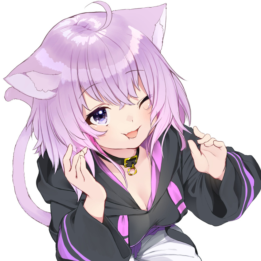 1girl absurdres ahoge animal_ear_fluff animal_ears bangs black_hoodie breasts cat_ears cat_tail cheek_squash collar eyebrows_visible_through_hair from_above highres hololive hood hoodie looking_at_viewer medium_breasts nejime nekomata_okayu one_eye_closed open_mouth pants purple_eyes purple_hair short_hair simple_background solo sweatpants tail virtual_youtuber white_background
