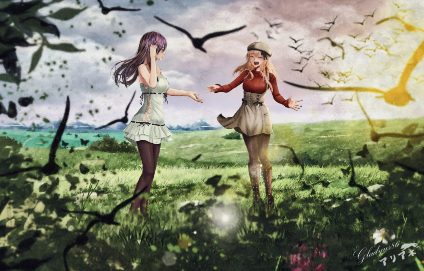 2girls :d ^_^ absurdres aihara_mei aihara_yuzu artist_name bird black_footwear black_hair black_legwear blonde_hair boots brown_headwear citrus_(saburouta) closed_eyes commentary couple cross-laced_clothes cross-laced_footwear cross-laced_slit dress earrings gladyus86 grass hat highres hoop_earrings jewelry knee_boots lace-trimmed_dress lace_trim long_hair mixed-language_commentary multiple_girls open_mouth outdoors pantyhose purple_eyes red_sweater signature smile step-siblings strapless strapless_dress sweater thighhighs white_dress wife_and_wife