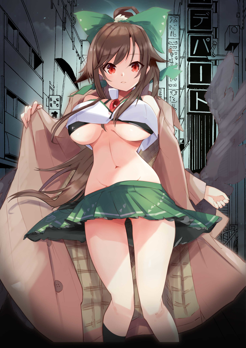 1girl absurdres bare_shoulders bikini bikini_under_clothes black_bikini bow breasts brown_hair coat crop_top green_bow green_skirt groin hair_bow highres large_breasts long_hair long_sleeves looking_at_viewer miniskirt navel open_clothes open_coat parted_lips ponytail red_eyes reiuji_utsuho shirt skirt solo standing stomach swimsuit tetsurou_(fe+) third_eye touhou underboob white_shirt