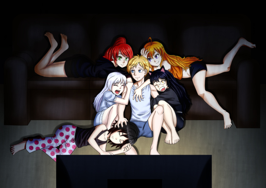 1boy 5girls ahoge animal_ears artist_request barefoot black_hair blake_belladonna blonde_hair blue_eyes cat_ears cat_girl closed_eyes closed_mouth commentary commission english_commentary gradient_hair green_eyes harem indoors jaune_arc long_hair lying lying_on_person multicolored_hair multiple_girls on_stomach one_eye_closed open_mouth pajamas ponytail purple_eyes pyrrha_nikos red_hair ruby_rose rwby short_hair silver_hair sitting sleeping wavy_hair weiss_schnee yang_xiao_long yellow_eyes