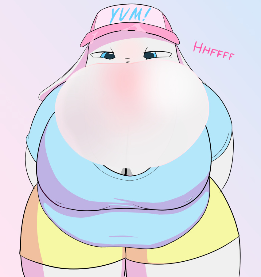 anthro belly big_belly big_breasts blissa_(dirtywater) blowing bottomwear braless breasts bubble_gum candy cleavage clothed clothing dirtywater female floppy_ears food hat headgear headwear hi_res lagomorph leporid mammal messy nipple_outline obese obese_anthro obese_female overweight overweight_anthro overweight_female rabbit shorts solo sticky trucker_hat