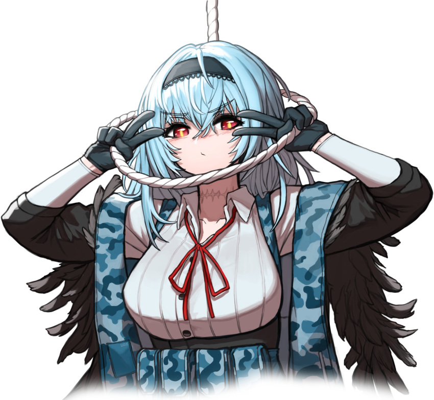 &gt;:) 1girl bangs black_gloves camouflage cheogtanbyeong collar collarbone collared_shirt eyebrows_visible_through_hair feathers girls_frontline gloves glowing hair_between_eyes hairband highres holding holding_rope load_bearing_vest long_hair long_sleeves neck_ribbon neck_scar noose off_shoulder red_eyes red_neckwear red_ribbon ribbon rope shirt silver_hair solo sparkle thunder_(girls_frontline) v v_over_eye