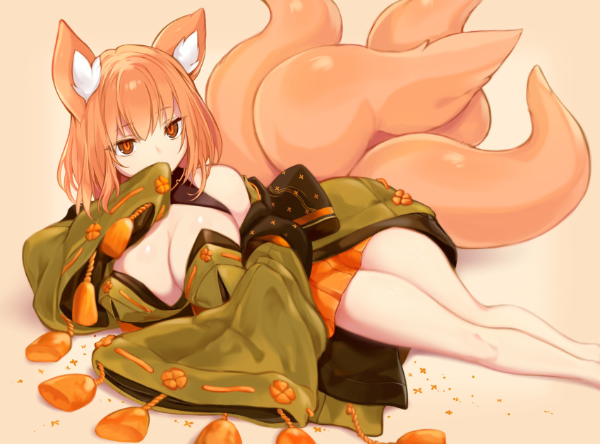 animal_ears brown_eyes brown_hair cropped japanese_clothes multiple_tails original sukemyon tail