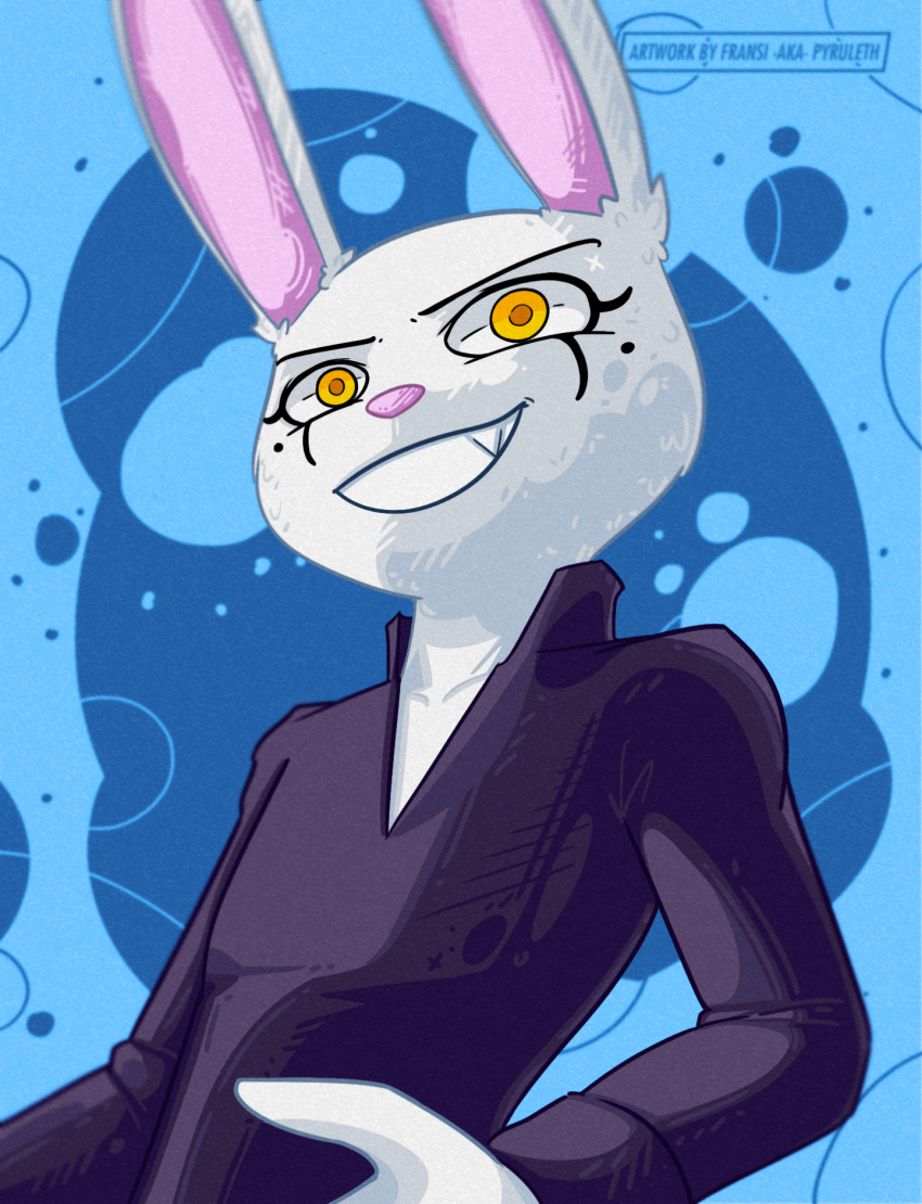 anthro blue_background fransi fur hi_res lagomorph leporid male mammal pink_nose rabbit simple_background smile solo white_body white_fur yellow_eyes