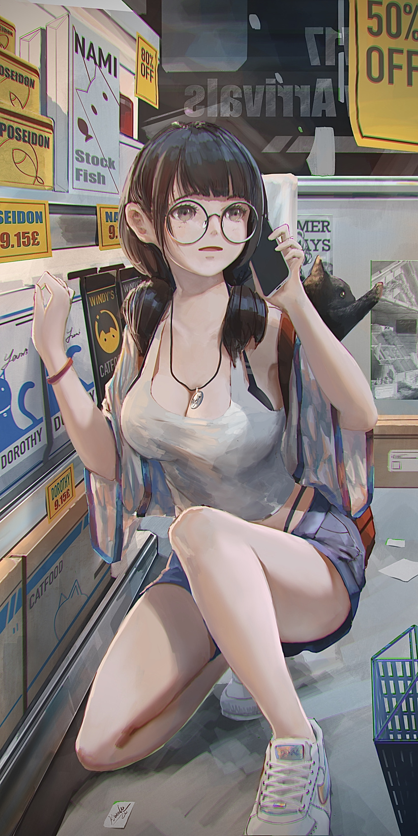 1girl absurdres backpack bag bangs box breasts brown_hair cat cellphone chromatic_aberration cleavage english_commentary glasses highres jewelry kiasela long_hair necklace original phone price_tag shoes shopping_basket shorts smartphone sneakers solo squatting tank_top wide_sleeves wristband