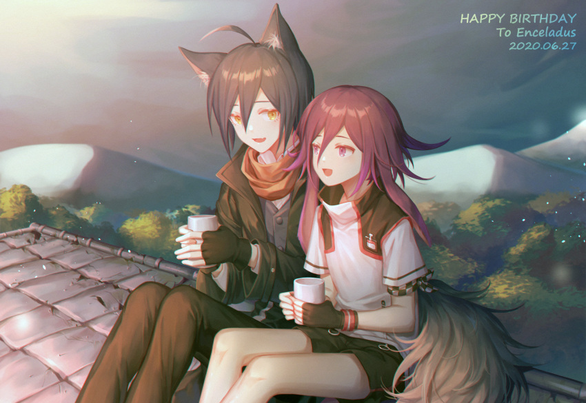 2boys :d ahoge alternate_costume animal_ears black_gloves black_hair black_jacket black_shirt black_shorts brown_eyes brown_pants checkered commentary_request cup danganronpa dated day ewa_(seraphhuiyu) fingerless_gloves gloves happy_birthday highres holding holding_cup jacket long_hair looking_at_another mountainous_horizon multiple_boys new_danganronpa_v3 open_mouth orange_scarf ouma_kokichi outdoors pants purple_hair saihara_shuuichi scarf shirt short_hair short_sleeves shorts sitting smile tail tree vest white_shirt wolf_boy wolf_ears wolf_tail