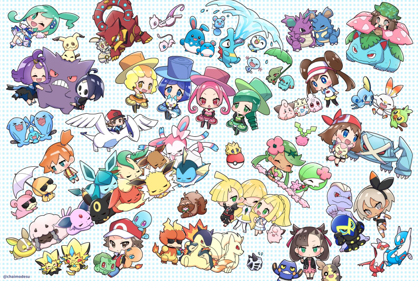 4boys 6+girls :d ;d acerola_(pokemon) ahoge allister_(pokemon) arm_up asymmetrical_bangs azumarill azurill bangs baseball_cap battle_chatelaine bea_(pokemon) black_hair black_jacket blush bow_hairband brown_hair bulbasaur chaimo_box charmander clefairy cleffa closed_eyes closed_mouth commentary_request croagunk cyndaquil dana_(pokemon) double_bun dress eevee espeon evelyn_(pokemon) eyelashes fire flame flareon gen_1_pokemon gen_2_pokemon gen_3_pokemon gen_4_pokemon gen_5_pokemon gen_6_pokemon gen_7_pokemon gen_8_pokemon gengar glaceon gladion_(pokemon) glalie grapploct greedent green_eyes green_hair grookey hair_over_one_eye hairband hand_up hat highres hilbert_(pokemon) holding holding_pokemon hoppip igglybuff jacket jolteon joltik knee_pads larvitar latias latios leaf_(pokemon) leafeon legendary_pokemon lillie_(pokemon) lisia_(pokemon) lugia lusamine_(pokemon) machop magearna magmar mallow_(pokemon) marill marnie_(pokemon) mask may_(pokemon) metagross mew mimikyu misty_(pokemon) morgan_(pokemon) morpeko morpeko_(full) multiple_boys multiple_girls mythical_pokemon nidoking nidoqueen ninetales nita_(pokemon) one_eye_closed open_mouth orange_hair pants phanpy pink_dress piplup pokemon pokemon_(anime) pokemon_(classic_anime) pokemon_(creature) pokemon_(game) pokemon_bw2 pokemon_frlg pokemon_masters_ex pokemon_oras pokemon_rse pokemon_sm pokemon_swsh pokemon_xy psyduck red_(pokemon) riding_pokemon rosa_(pokemon) scorbunny shaymin shaymin_(land) short_hair shorts side_ponytail skitty slowpoke smile sobble squirtle suspenders sweatdrop sylveon togepi totodile twintails typhlosion umbreon vaporeon venusaur visor_cap volcanion wobbuffet wooloo wooper wynaut yamper zeraora