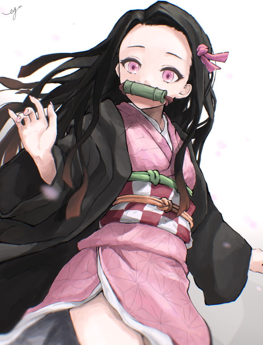 1girl bamboo bit_gag black_hair brown_hair checkered cowboy_shot eigh floating_hair gag hair_ribbon haori highres japanese_clothes kamado_nezuko kimetsu_no_yaiba kimono long_hair long_sleeves looking_at_viewer looking_down looking_to_the_side mouth_hold multicolored_hair obi outstretched_hand pink_eyes pink_kimono pink_nails pink_ribbon ribbon sash solo streaked_hair two-tone_hair white_background