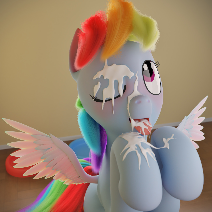 1:1 3d_(artwork) blender_(software) blush bodily_fluids bowl cum cum_in_mouth cum_inside cum_on_face digital_media_(artwork) equid equine female friendship_is_magic genital_fluids hair hasbro hi_res horse looking_up mammal my_little_pony one_eye_closed ooredelen pegasus petplay pony rainbow_dash_(mlp) roleplay semi-anthro sitting smile solo spread_wings submissive submissive_female tongue wings