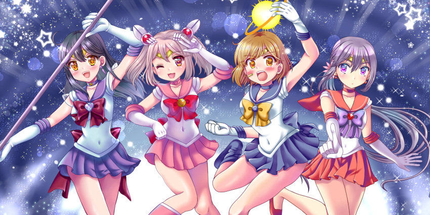 4girls ahoge akebono_(kantai_collection) aura back_bow bandaid bandaid_on_face bishoujo_senshi_sailor_moon black_hair blue_choker boots bow breasts brown_eyes brown_hair choker circlet cosplay earrings elbow_gloves eyebrows_visible_through_hair flower garnet_rod gloves hair_between_eyes hair_flower hair_ornament highres holding holding_spear holding_weapon inner_senshi jewelry kantai_collection large_breasts long_hair multiple_girls night oboro_(kantai_collection) open_mouth outer_senshi polearm purple_eyes purple_hair purple_sailor_collar red_ribbon red_sailor_collar ribbon sailor_chibi_moon sailor_chibi_moon_(cosplay) sailor_collar sailor_mars sailor_mars_(cosplay) sailor_saturn sailor_saturn_(cosplay) sailor_senshi sailor_senshi_uniform sailor_uranus sailor_uranus_(cosplay) saturn_symbol sazanami_(kantai_collection) sharasohju side_ponytail silence_glaive sky smile spear star_(sky) star_(symbol) star_choker starry_sky super_sailor_saturn ushio_(kantai_collection) very_long_hair weapon white_gloves