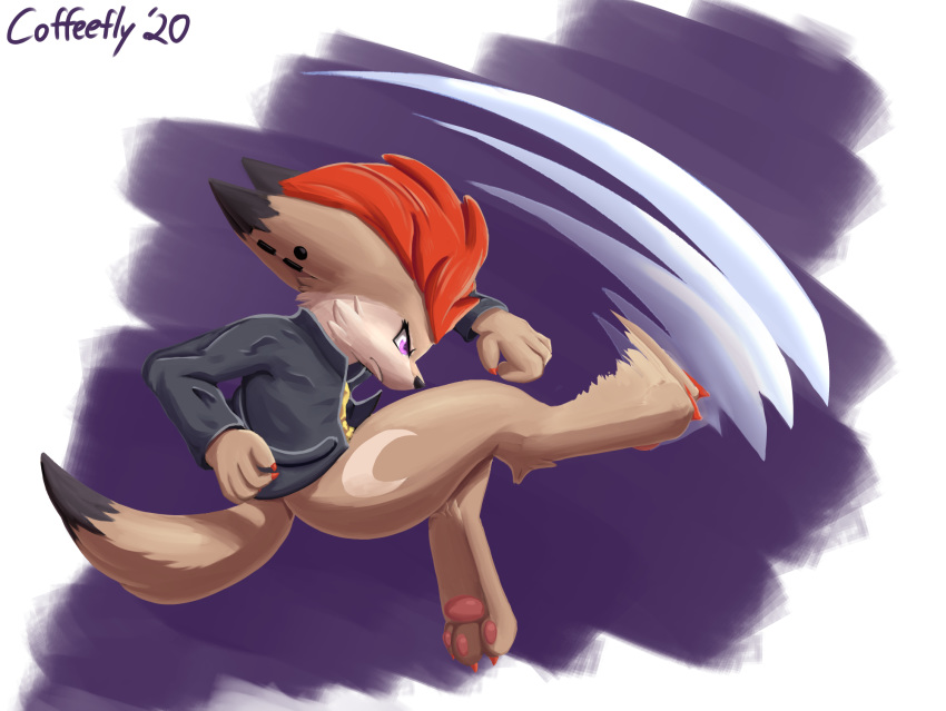 action_pose anthro canid canine clothing coffeefly colored_nails female fennec fox hi_res jacket kick mammal nails pawpads piercing pose purple_eyes shirt solo te topwear