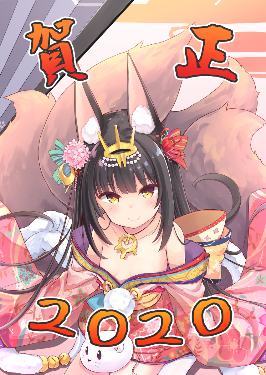 1girl 2020 absurdres animal_ear_fluff animal_ears areola_slip areolae azur_lane bangs bare_shoulders black_hair blush closed_mouth eyebrows_visible_through_hair flat_chest floral_print flower fox_ears fox_tail from_above hair_flower hair_ornament highres japanese_clothes jewelry kimono long_hair looking_at_viewer multiple_tails nagato_(azur_lane) nagato_(guardian_fox's_shining_furisode)_(azur_lane) necklace official_alternate_costume pom_pom_(clothes) sidelocks smile solo tail tenjou_ryuka yellow_eyes