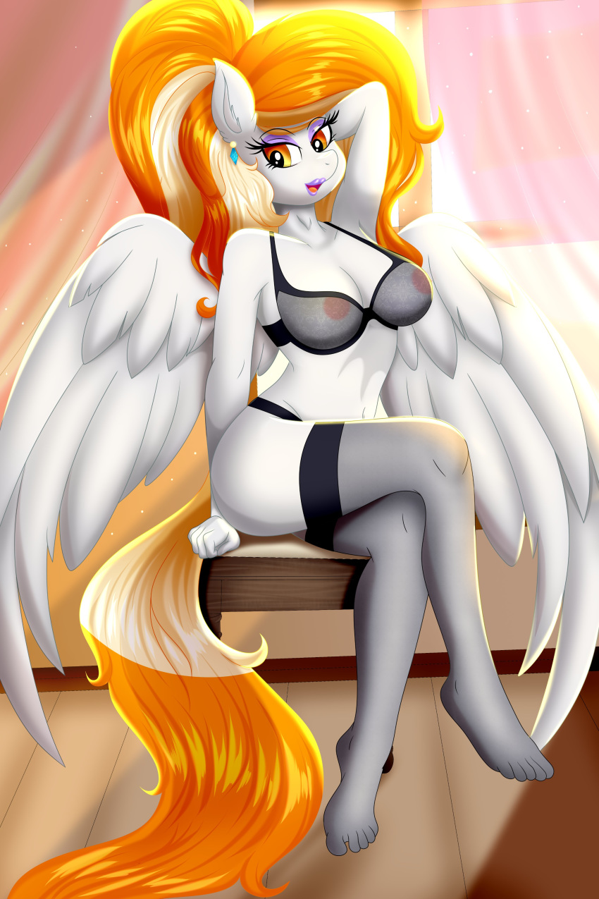 absurd_res anthro areola big_breasts bra breasts cleavage clothed clothing crossed_legs equid equine hair hasbro hi_res legwear mammal my_little_pony orange_hair panties pegasus pose rainbownspeedash rita_cloudy sitting solo thigh_highs translucent translucent_clothing underwear white_body wings