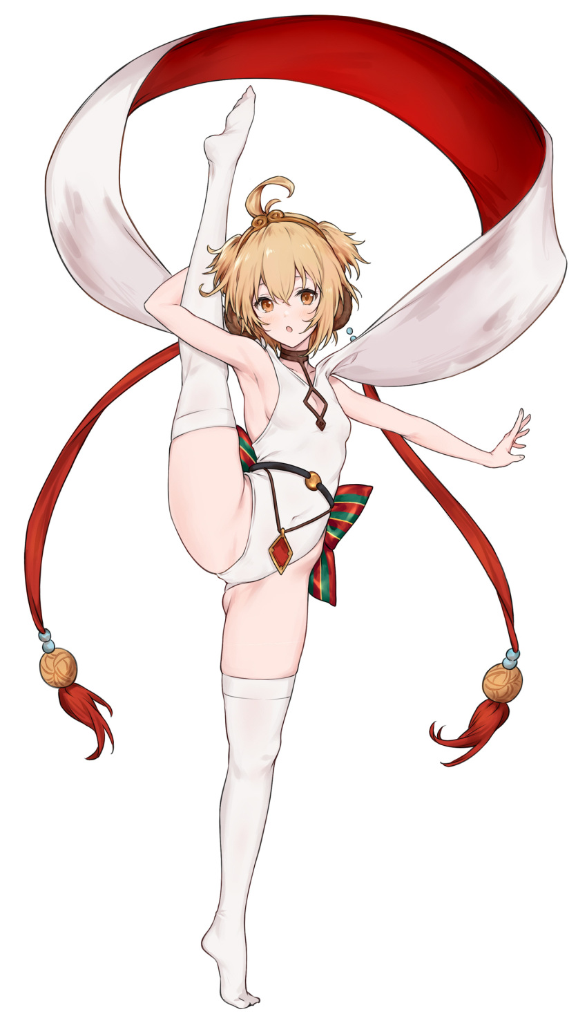 1girl :o absurdres ahoge andira_(granblue_fantasy) animal_ears arm_up armpits ass_visible_through_thighs bangs blonde_hair blush breasts cleavage cleavage_cutout clothing_cutout commentary_request covered_navel full_body granblue_fantasy highres leg_up leotard looking_at_viewer monkey_ears no_shoes open_mouth orange_eyes outstretched_arm saboten shawl short_hair small_breasts solo split standing standing_on_one_leg standing_split tassel thighhighs tiara tiptoes two_side_up white_legwear white_leotard