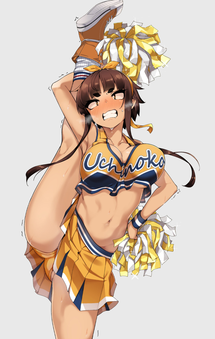 1girl absurdres arm_up armpits breasts brown_eyes brown_hair cheerleader cleavage clenched_teeth clothes_writing cowboy_shot crop_top crop_top_overhang grey_background highres holding holding_pom_poms jovejun large_breasts long_hair midriff miniskirt navel orange_panties original panties pleated_skirt pom_poms shirt shoes skirt sleeveless sleeveless_shirt sneakers split standing standing_on_one_leg standing_split sweat teeth underwear