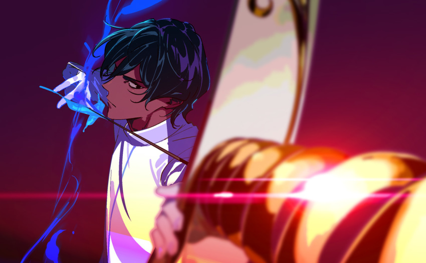 1boy arjuna_(fate/grand_order) black_hair blurry_foreground bow_(weapon) dark_skin dark_skinned_male drawing_bow fate/grand_order fate_(series) foreshortening gloves glowing_arrow male_focus pako weapon white_gloves