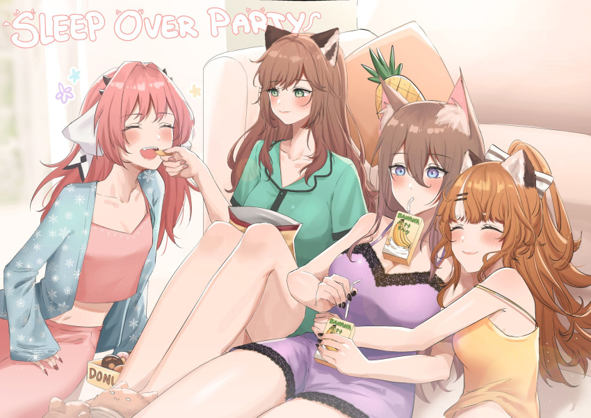 4girls animal_ears anya_pandaria atelier_live bangs blue_eyes closed_eyes expulse green_eyes highres hug juwei_(vtuber) kuzuryu_io multiple_girls nanatsuki_nana navel open_mouth orange_hair pink_hair ponytail sleepover sleepwear virtual_youtuber