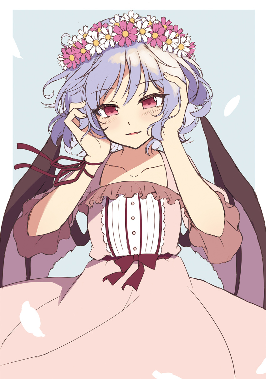 1girl bat_wings beni_kurage blue_hair commentary cosmos_(flower) dress flower hands_up head_wreath highres medium_hair open_mouth pink_dress red_eyes red_ribbon remilia_scarlet ribbon short_sleeves smile solo touhou upper_body wings wrist_ribbon