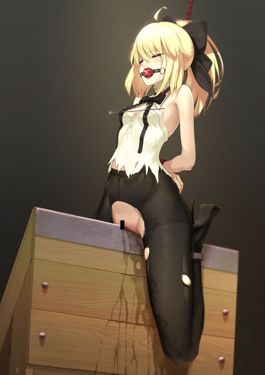 1girl absurdres ahoge arms_behind_back artoria_pendragon_(all) ball_gag bar_censor bdsm black_bow black_footwear black_legwear blonde_hair bondage bound bound_legs bound_wrists bow breasts censored closed_eyes fate/grand_order fate_(series) female_ejaculation gag gagged hair_bow high_heels highres obabynight pantyhose ponytail red_rope rope saber_lily small_breasts solo torn_clothes torn_legwear wooden_horse