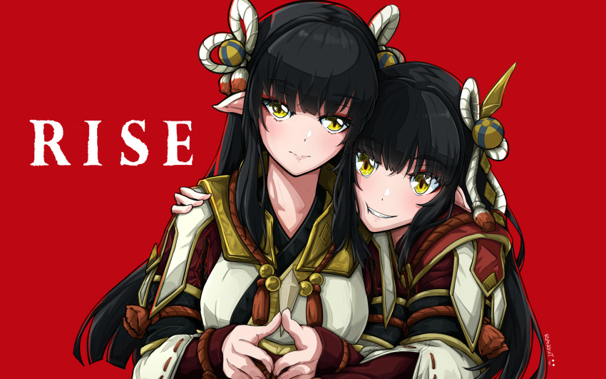 2girls arm_around_shoulder black_hair blonde_hair breasts character_request fingers_together hair_ornament highres long_hair medium_breasts monster_hunter_rise multiple_girls pointy_ears rangut red_background siblings simple_background sisters smile twins