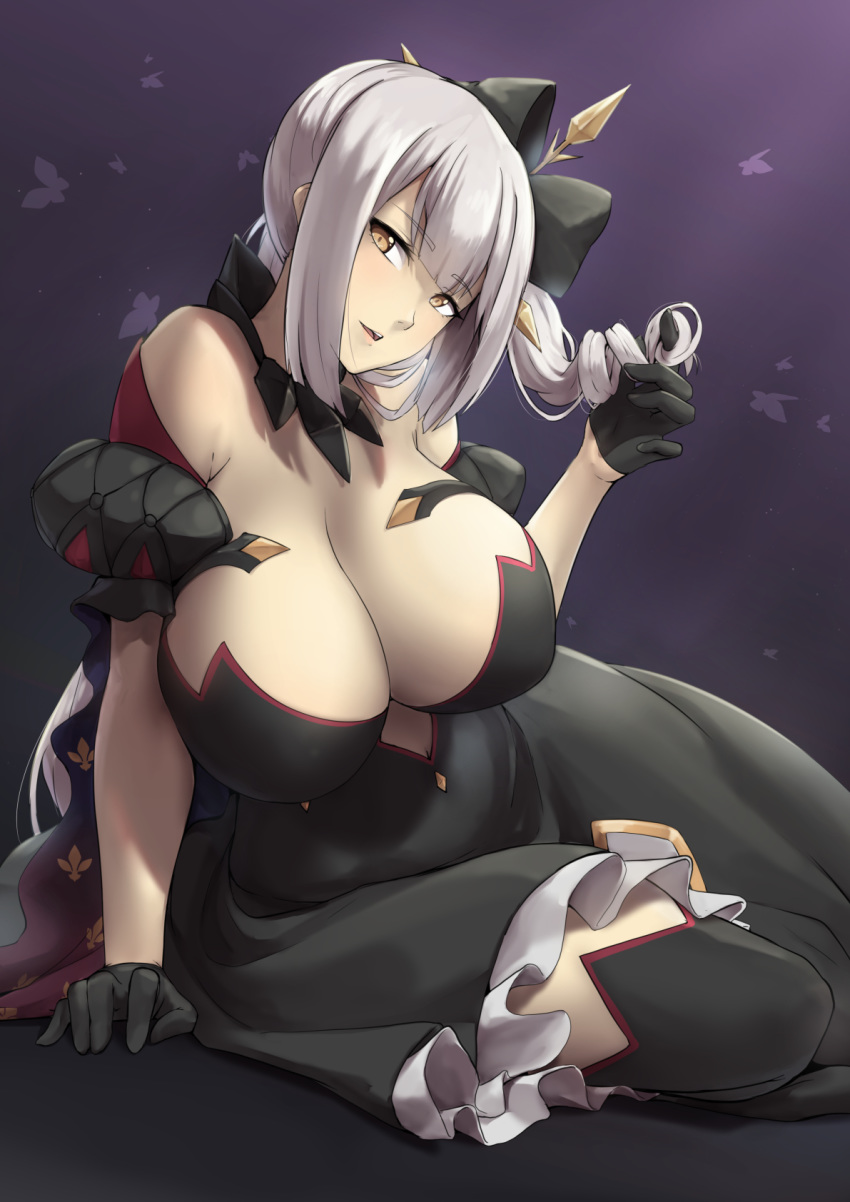 1girl bare_shoulders black_gloves black_legwear black_ribbon breasts brown_eyes bug butterfly cleavage fate_(series) gloves grey_hair hair_ribbon highres insect large_breasts looking_at_viewer marie_antoinette_(alter)_(fate/grand_order) marie_antoinette_(fate/grand_order) packge parted_lips purple_background ribbon silver_hair smile solo thighhighs