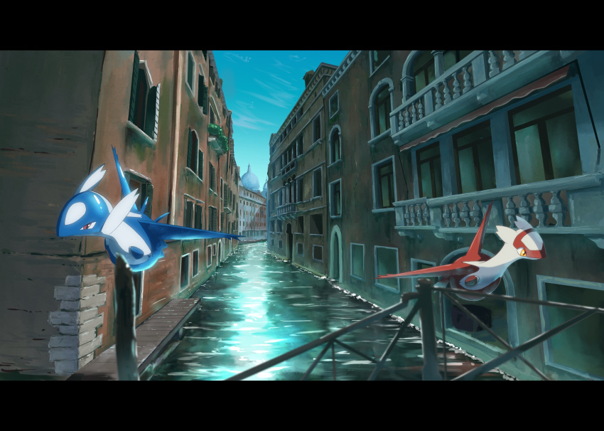 building canal commentary_request day fence flying gen_3_pokemon highres latias latios legendary_pokemon no-goku_(penicillium) no_humans outdoors pokemon pokemon_(creature) sky water window