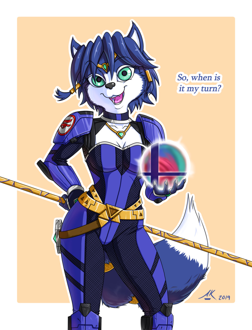 2019 accessory anthro atticus-kotch belt blue_body blue_fur blue_hair bodysuit breasts canid canine claws clothing dialogue dipstick_tail english_text female fox fur green_eyes hair hair_accessory hi_res jewelry krystal krystal's_staff mammal multicolored_tail necklace nintendo open_mouth open_smile short_hair signature skinsuit smash_ball smile solo staff star_fox super_smash_bros. tailband text tight_clothing tongue video_games weapon