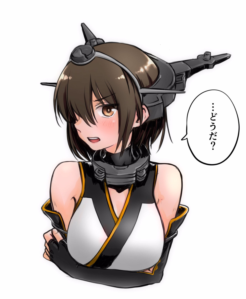 1girl alternate_hair_length alternate_hairstyle black_gloves black_hair commentary_request cropped_torso elbow_gloves fingerless_gloves gloves gouta_(nagishiro6624) headgear highres kantai_collection looking_at_viewer nagato_(kantai_collection) profile red_eyes simple_background solo translation_request upper_body white_background