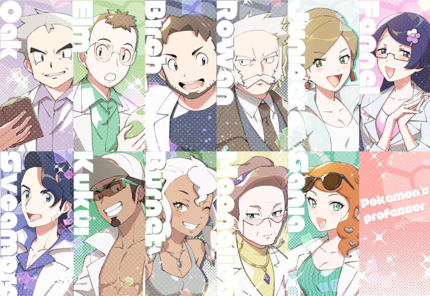 5girls 6+boys :d augustine_sycamore aurea_juniper baseball_cap birch_(pokemon) blush book breasts brown_coat brown_hair brown_neckwear burnet_(pokemon) character_name chest cleavage coat commentary_request earrings elm_(pokemon) eyewear_on_head facial_hair fennel_(pokemon) glasses green_eyes green_shirt grey_hair hair_ornament hands_together hat heart heart_hair_ornament holding holding_book jewelry kukui_(pokemon) kusuribe labcoat magnolia_(pokemon) multiple_boys multiple_girls mustache necklace necktie one_eye_closed open_mouth parted_lips pokemon pokemon_(game) pokemon_bw pokemon_dppt pokemon_egg pokemon_gsc pokemon_rgby pokemon_rse pokemon_sm pokemon_swsh pokemon_xy purple_hair purple_shirt rowan_(pokemon) samuel_oak shirt signature smile sonia_(pokemon) sunglasses teeth tongue white_headwear white_shirt