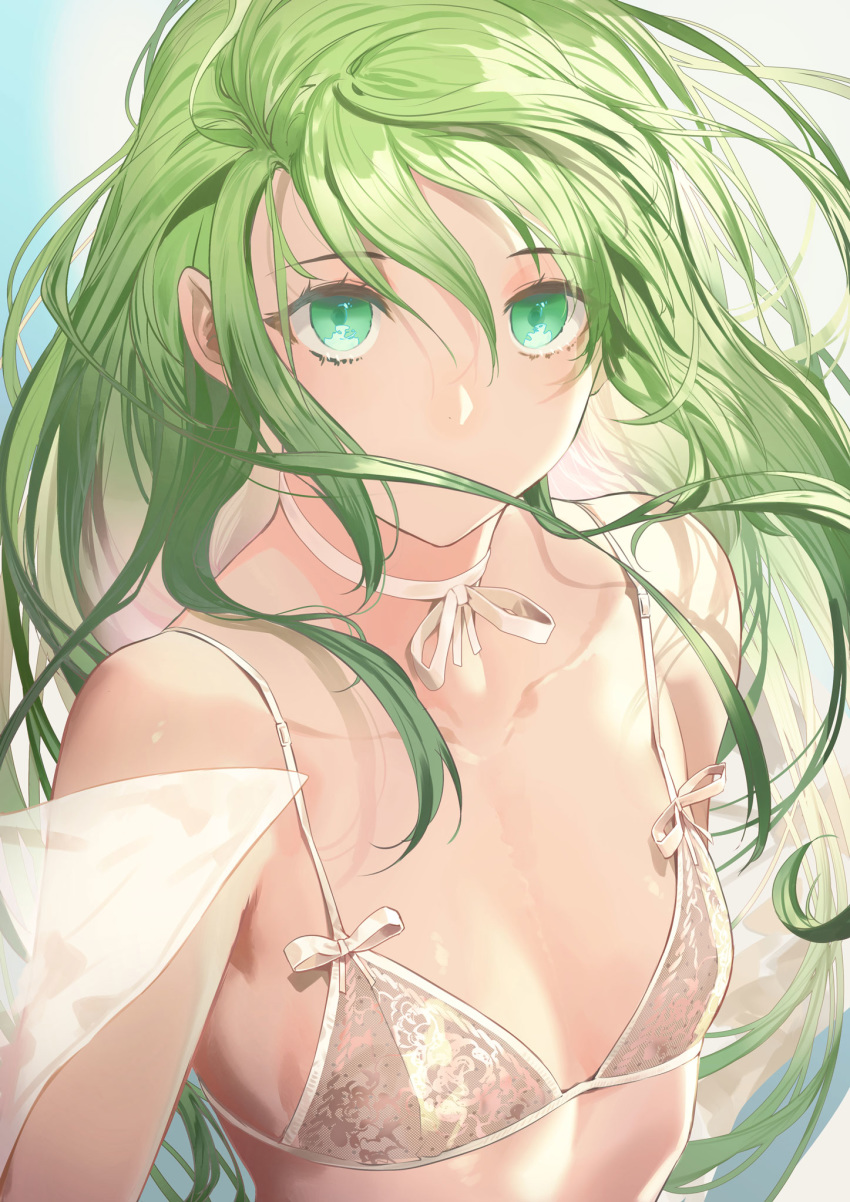 1other androgynous bangs bare_shoulders collarbone enkidu_(fate/strange_fake) fate/strange_fake fate_(series) green_eyes green_hair highres lingerie long_hair looking_at_viewer salmon88 underwear