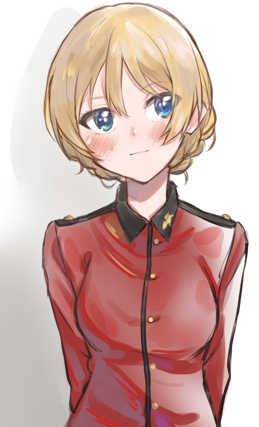 1girl bangs blonde_hair blue_eyes blush braid coat darjeeling_(girls_und_panzer) girls_und_panzer highres jacket long_sleeves looking_at_viewer mamu_t7s military_jacket red_jacket simple_background sketch smile solo st._gloriana's_military_uniform swept_bangs tied_hair white_background