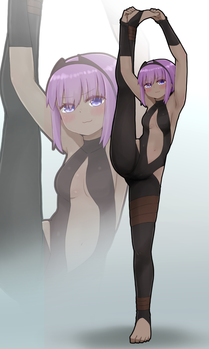 1girl armpits arms_up bangs bare_shoulders black_bodysuit blush bodysuit breasts closed_mouth dark_skin eyebrows_visible_through_hair eyes_visible_through_hair fate/prototype fate/prototype:_fragments_of_blue_and_silver fate_(series) hair_over_one_eye hassan_of_serenity_(fate) highres i.u.y leg_up looking_at_viewer navel no_shoes purple_eyes purple_hair small_breasts smile solo split standing standing_on_one_leg standing_split stirrup_legwear toeless_legwear zoom_layer