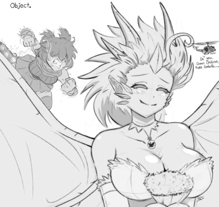 age_difference aircraft alternate_species ambiguous_gender angry big_breasts blush breasts cleavage clothed clothing crossgender dialogue dress eyes_closed female godzilla_(series) helicopter hi_res human humanoid humanoidized kaiju kaiju_girls_(webcomic) king_ghidorah larger_female macro mammal minilla monochrome mtf_crossgender ncmares older_female simple_background size_difference smaller_ambiguous smile toho wedding_dress white_background younger_female