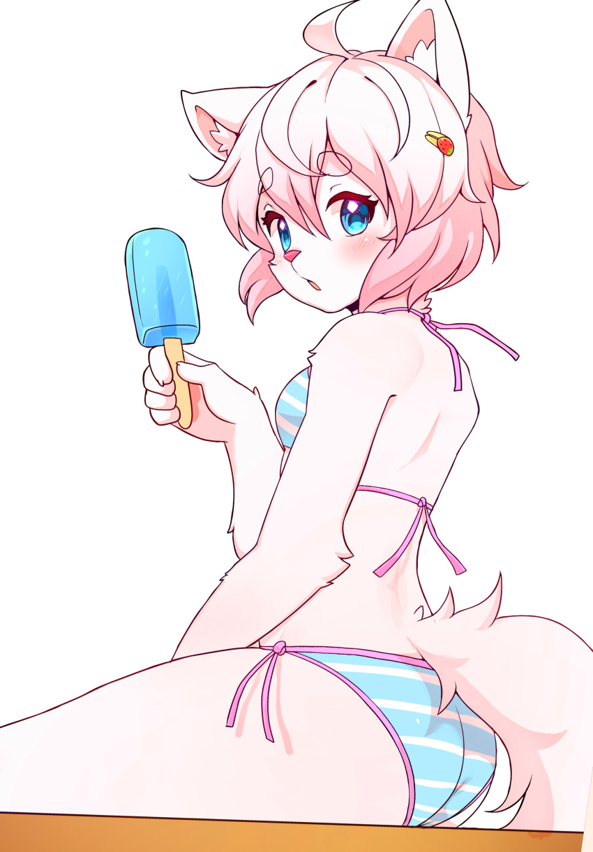 absurd_res accessory ahoge anthro bikini blue_eyes breasts butt clothed clothing eyebrow_through_hair eyebrows female food fur hair hair_accessory hairclip hi_res holding_food holding_object holding_popsicle kemono looking_aside looking_at_viewer mammal open_mouth pattern_bikini pattern_clothing pattern_swimwear pink_hair popsicle ruugiaruu simple_background sitting small_breasts solo striped_bikini striped_clothing striped_swimwear stripes swimwear translucent translucent_hair white_background white_body white_fur