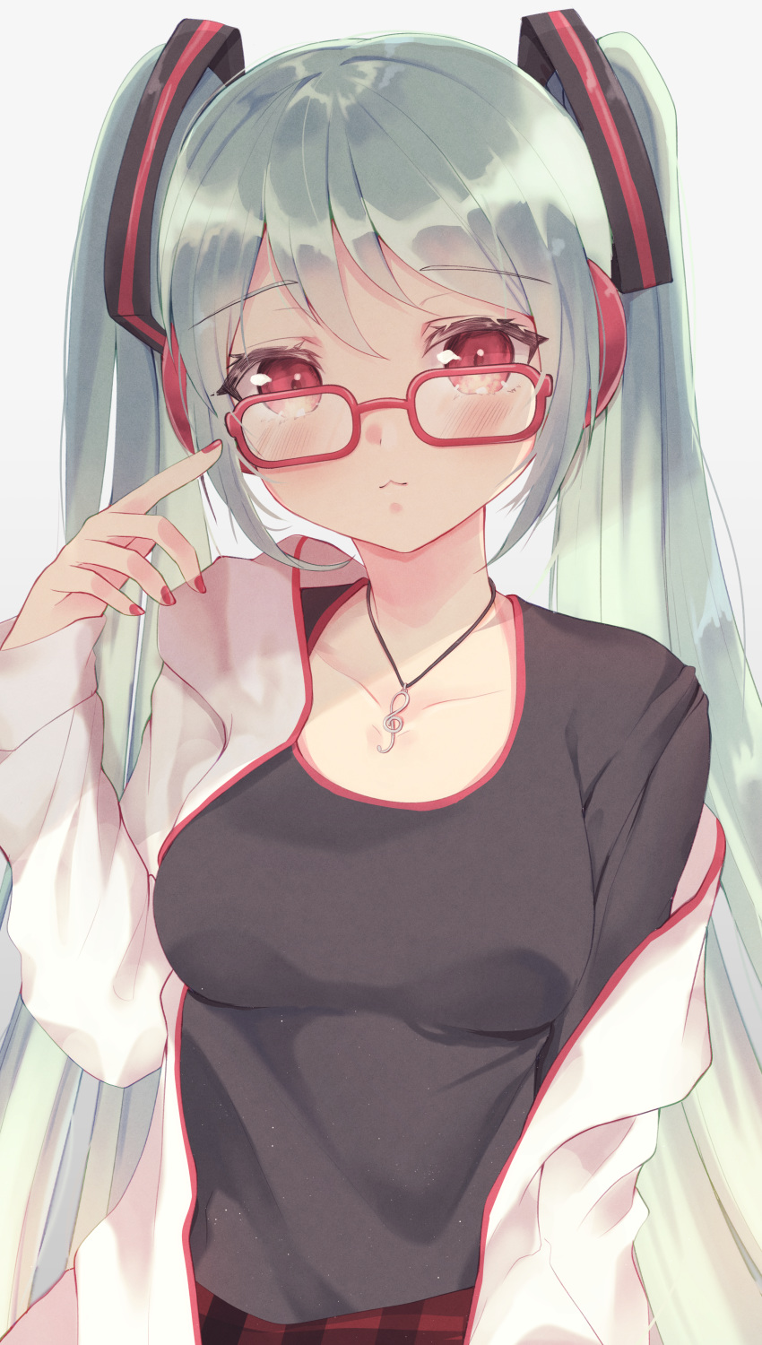 1girl :&lt; absurdres alternate_eye_color aqua_hair arm_at_side bangs black_shirt blush breasts closed_mouth glasses green_hair hair_ornament hand_up hatsune_miku headphones highres huge_filesize jacket jewelry leehwa long_hair long_sleeves looking_at_viewer medium_breasts nail_polish necklace off_shoulder pendant plaid pointing pointing_at_self red-framed_eyewear red_eyes red_nails shirt sidelocks simple_background solo twintails upper_body vocaloid white_background white_jacket
