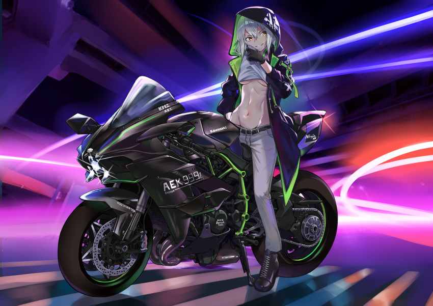 1girl absurdres aek-999_(girls_frontline) ankle_boots belt black_gloves black_jacket boots breasts character_name cleavage full_body girls_frontline gloves grey_pants ground_vehicle headphones headphones_around_neck highres hood hooded_jacket hoodie ivan_wang jacket kawasaki motor_vehicle motorcycle open_clothes pants white_hair yellow_eyes
