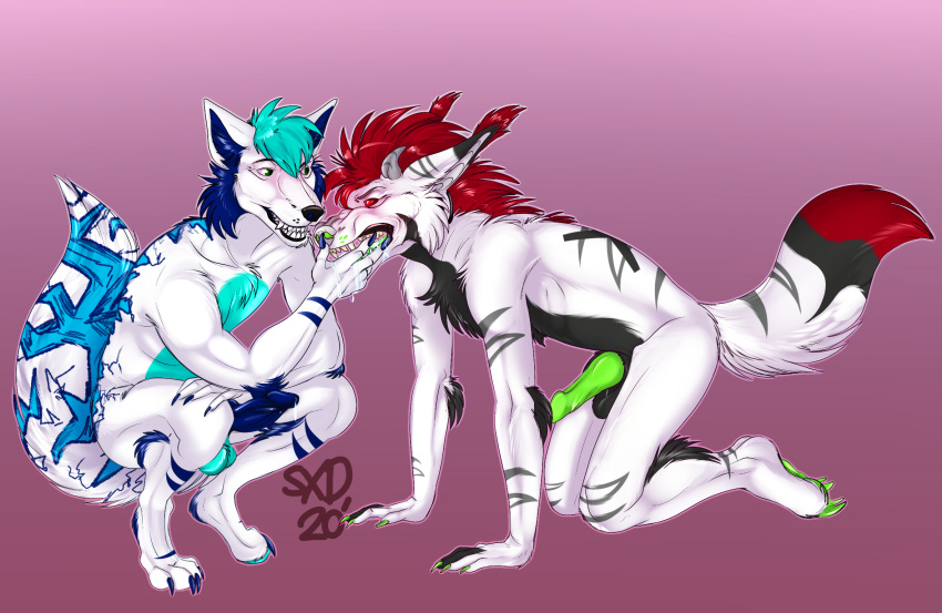 anthro bodily_fluids canid canine canis drooling duo erection growling hi_res kinktober kinktober_2020 male male/male mammal mawplay mouth_play open_mouth saliva sexualdoggo sketch smile smirk wolf