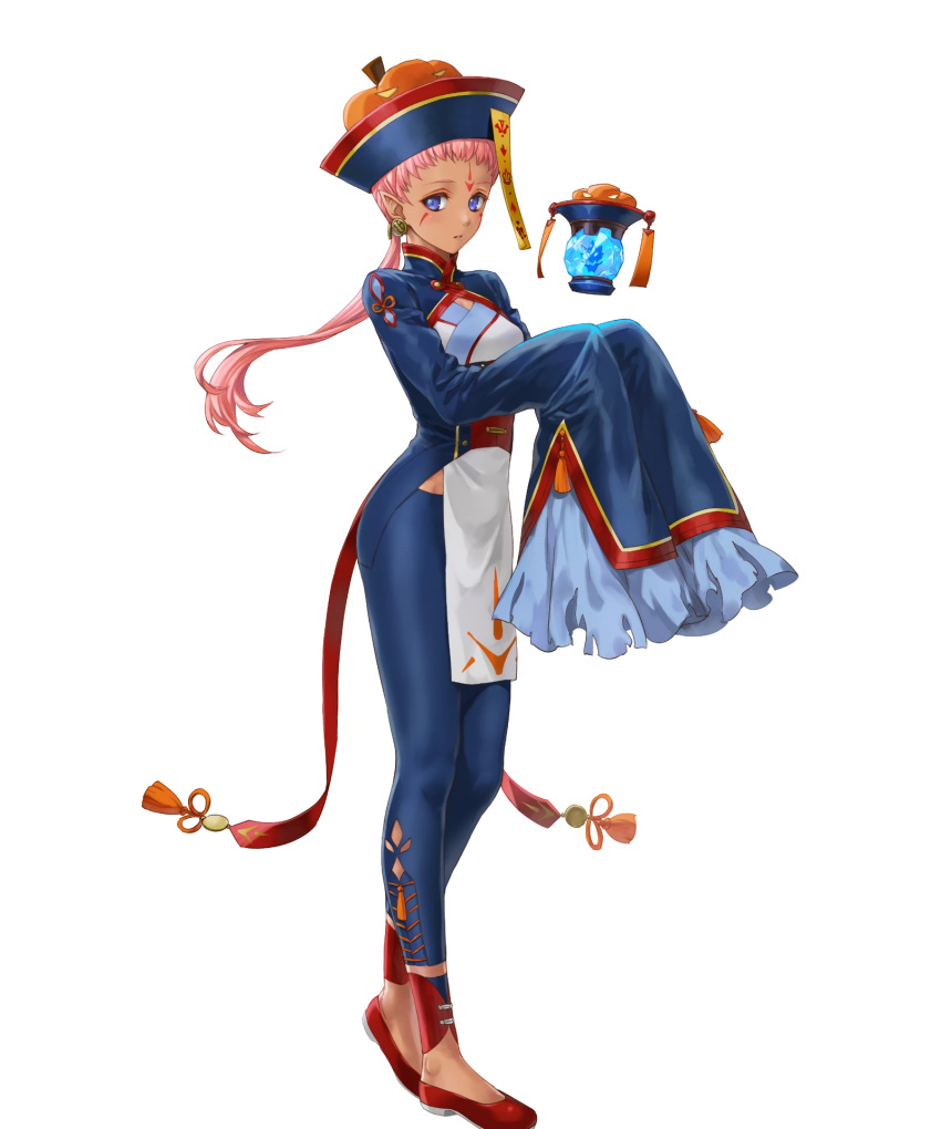 1girl alternate_costume blue_eyes chinese_clothes closed_mouth detached_sleeves earrings ena_(fire_emblem) facial_mark fire_emblem fire_emblem:_path_of_radiance fire_emblem:_radiant_dawn fire_emblem_heroes floating floating_object forehead_mark full_body halloween_costume hat highres jewelry jiangshi_costume kaya8 long_hair long_sleeves looking_at_viewer official_art ofuda pelvic_curtain pink_hair pointy_ears ponytail qing_guanmao red_footwear shoes sleeves_past_wrists solo standing talisman tied_hair transparent_background wide_sleeves