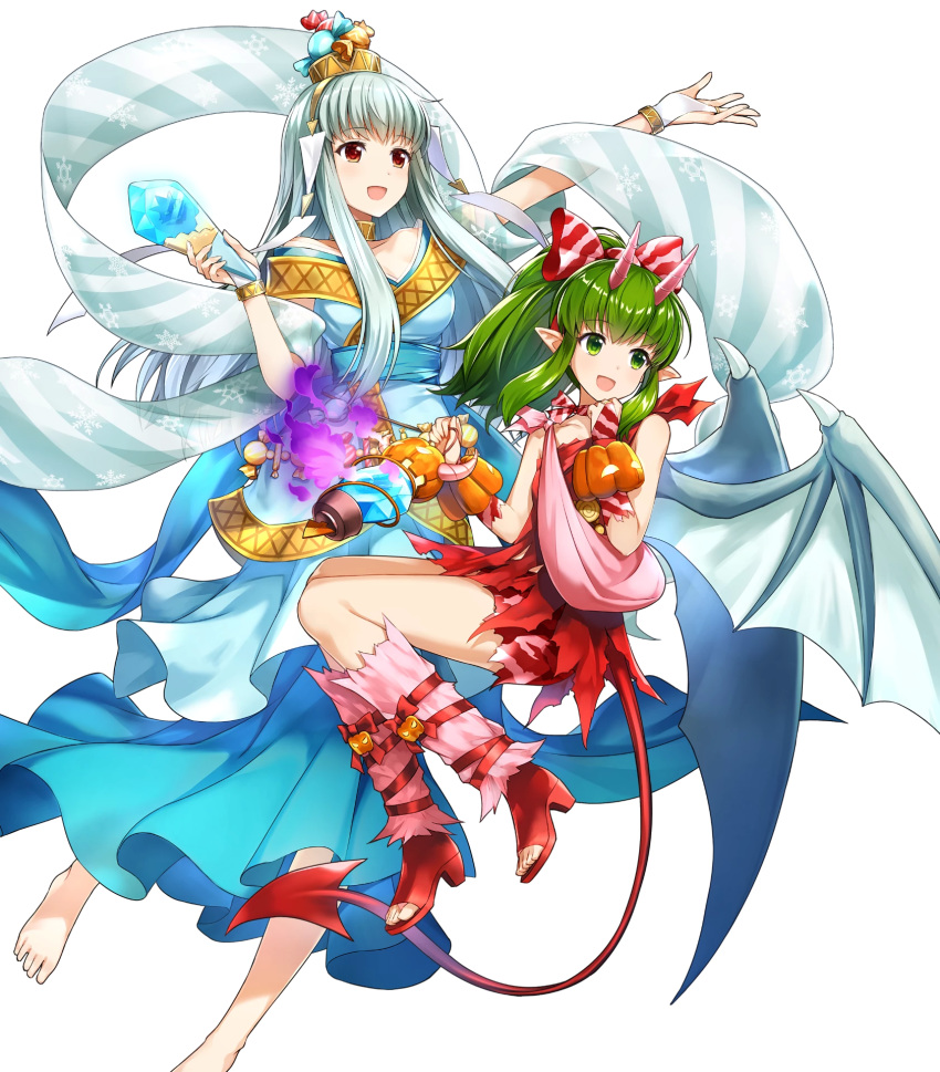 2girls amagai_tarou bangs bare_shoulders barefoot breasts cosplay demon_tail dress eyebrows_visible_through_hair fire_emblem fire_emblem:_mystery_of_the_emblem fire_emblem:_the_blazing_blade fire_emblem_heroes full_body green_eyes green_hair hair_ornament halloween_costume highres holding horns long_dress long_hair looking_away medium_breasts multiple_girls naga_(fire_emblem) naga_(fire_emblem)_(cosplay) ninian_(fire_emblem) official_art open_mouth open_toe_shoes pointy_ears ponytail red_dress red_eyes shiny shiny_hair short_dress sidelocks silver_hair sleeveless smile snowflake_print tail tied_hair tiki_(fire_emblem) toes transparent_background wings