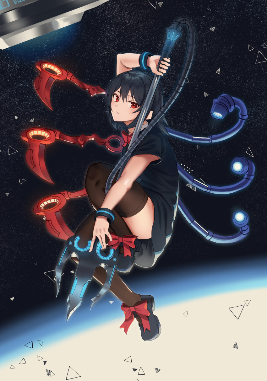 1girl absurdres bangle black_dress black_hair black_legwear bow bowtie bracelet commentary commission dress goback highres houjuu_nue huge_filesize jewelry looking_at_viewer mechanical_wings parted_lips polearm red_bow red_eyes red_neckwear shoe_bow shoes short_dress short_sleeves sky solo space star_(sky) starry_background starry_sky thighhighs touhou triangle trident weapon wings