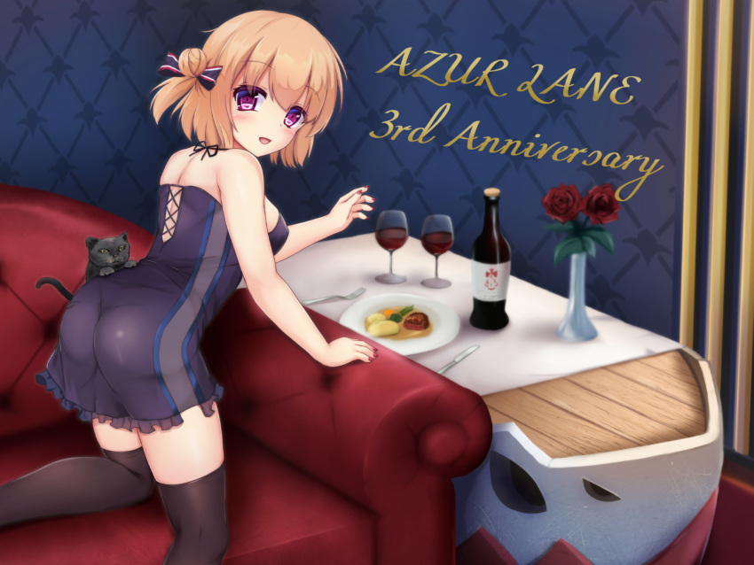 1girl alternate_costume anniversary ass azur_lane bai_da bare_shoulders blonde_hair blush bottle breasts cat commentary cup drinking_glass english_text eyebrows_visible_through_hair food hair_bun highres leipzig_(azur_lane) open_mouth purple_eyes ribbon short_hair solo thighhighs wine_bottle wine_glass