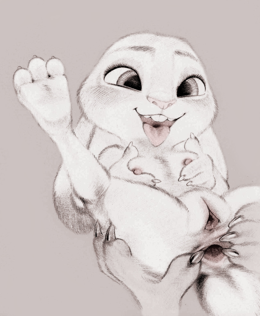 3_toes 4_fingers ambiguous_gender ambiguous_species anthro anus breasts buckteeth butt dipstick_ears disembodied_hand disney duo ears_down erect_nipples female female/ambiguous finger_claws fingers fuchs gaping gaping_anus genitals hi_res holding_breast judy_hopps lagomorph larger_ambiguous legs_up leporid looking_pleasured lying mammal multicolored_ears nipples nude on_back open_mouth pink_nose pivoted_ears presenting presenting_breasts presenting_pussy pussy rabbit simple_background size_difference sketch small_breasts smaller_female soles spot_color spread_anus spread_legs spread_pussy spreading teeth toes tongue tongue_out traditional_media_(artwork) zootopia