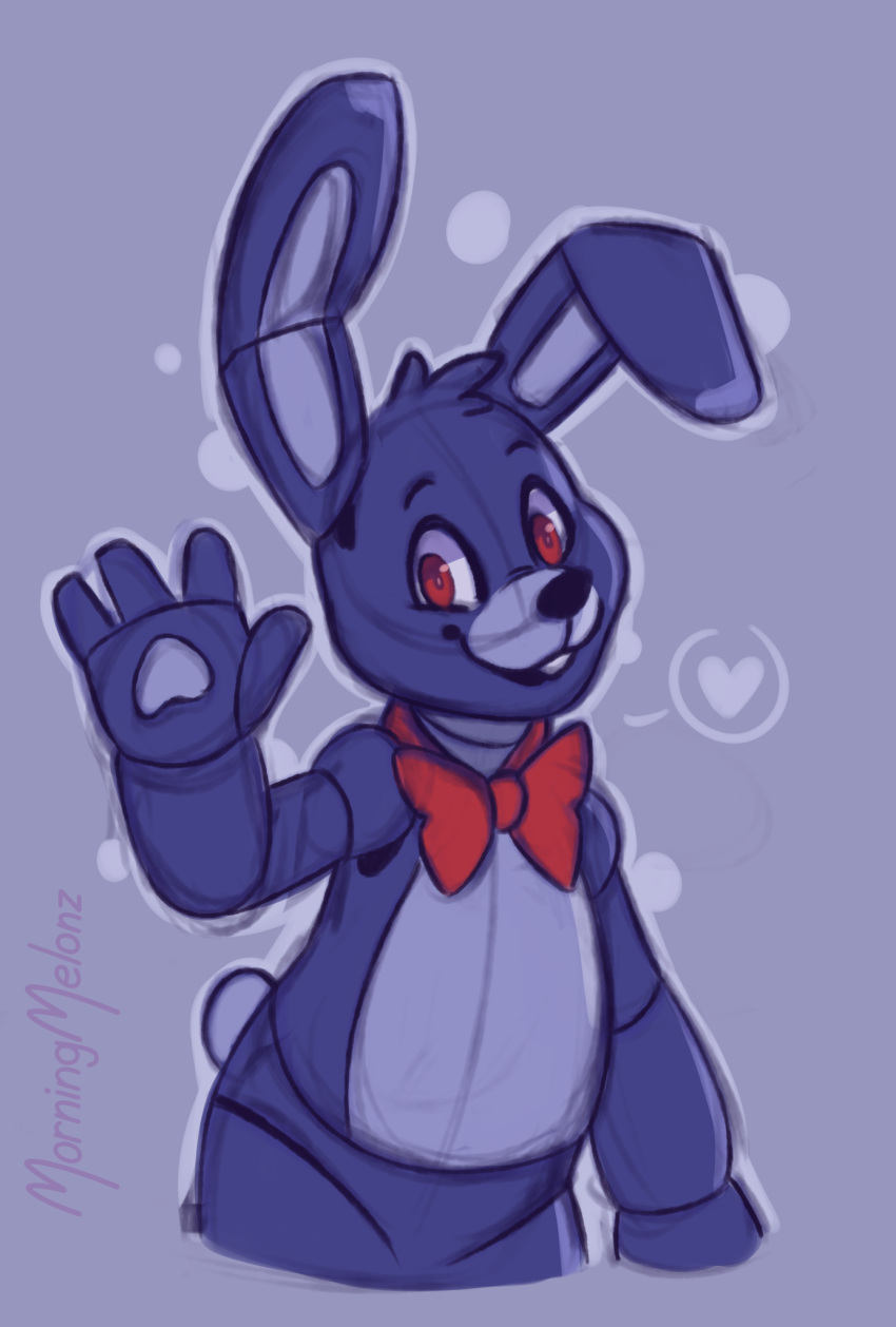 &lt;3 2020 4_fingers animatronic anthro black_nose bonnie_(fnaf) buckteeth colored_sketch eyebrows fingers five_nights_at_freddy's fur gesture hair hi_res lagomorph leporid looking_at_viewer machine male mammal morningmelonz pawpads purple_background purple_body purple_fur purple_hair purple_inner_ear purple_pawpads rabbit red_eyes ribbons robot signature simple_background small_tail smile solo teeth video_games waving