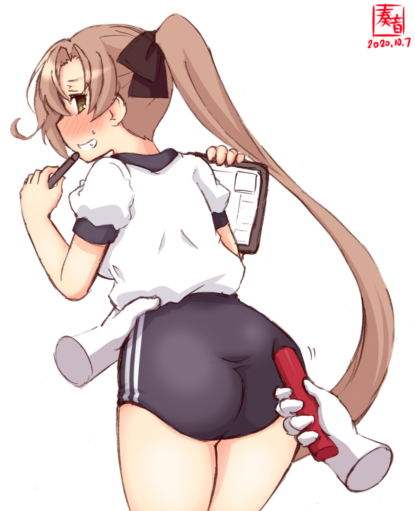 1girl 1other akigumo_(kantai_collection) alternate_costume artist_logo ass baton black_buruma brown_hair buruma commentary_request cowboy_shot dated disembodied_limb drawing_tablet from_behind green_eyes grin gym_uniform hair_ribbon highres kanon_(kurogane_knights) kantai_collection leaning_forward long_hair looking_back poking ponytail revision ribbon shirt sideways_glance simple_background smile stylus t-shirt white_background white_shirt